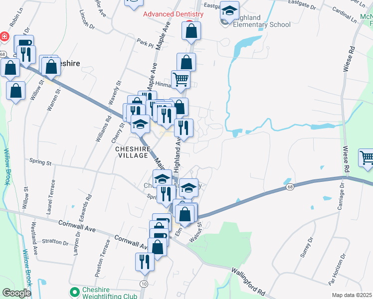 map of restaurants, bars, coffee shops, grocery stores, and more near 160 Highland Avenue in Cheshire