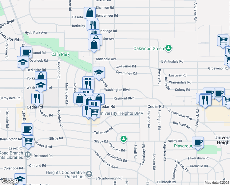 map of restaurants, bars, coffee shops, grocery stores, and more near 3557 Washington Boulevard in Cleveland Heights
