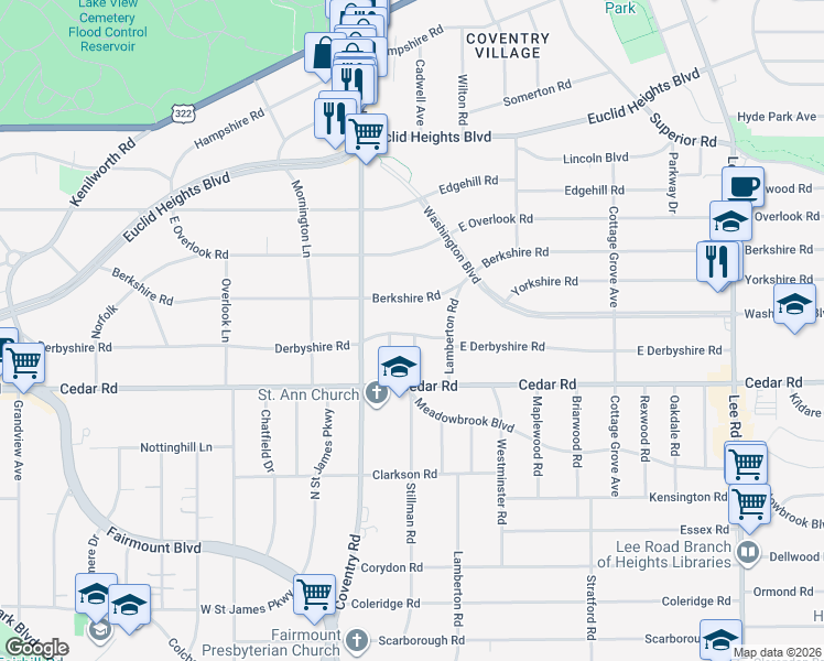 map of restaurants, bars, coffee shops, grocery stores, and more near 2862 Berkshire Road in Cleveland Heights