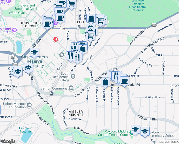 map of restaurants, bars, coffee shops, grocery stores, and more near 2224 Overlook Road in Cleveland