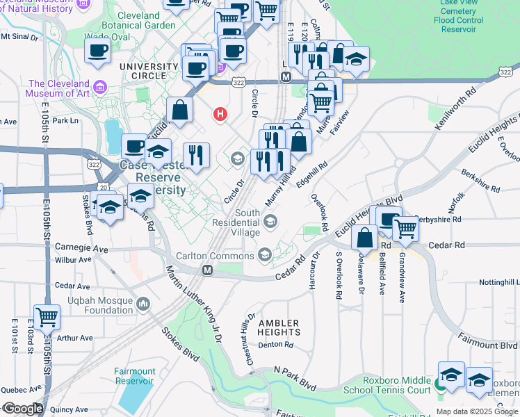 map of restaurants, bars, coffee shops, grocery stores, and more near 2220 Murray Hill Road in Cleveland