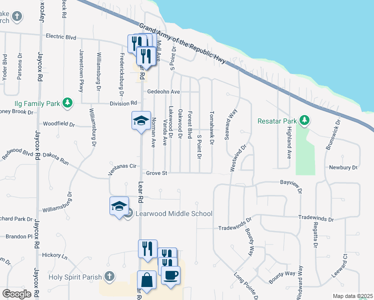 map of restaurants, bars, coffee shops, grocery stores, and more near 173 Forest Boulevard in Avon Lake