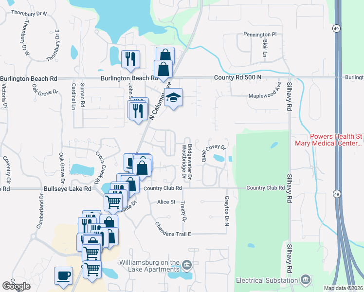 map of restaurants, bars, coffee shops, grocery stores, and more near Bridgewater Dr in Valparaiso