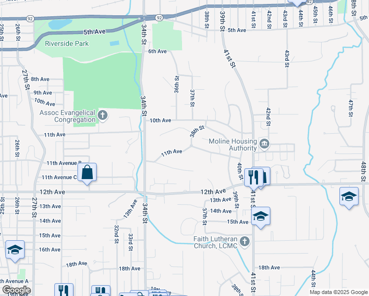 map of restaurants, bars, coffee shops, grocery stores, and more near 3728 10th Avenue Court in Moline
