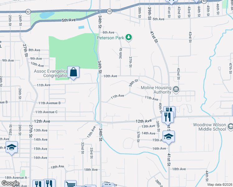 map of restaurants, bars, coffee shops, grocery stores, and more near 3708 10th Avenue Court in Moline