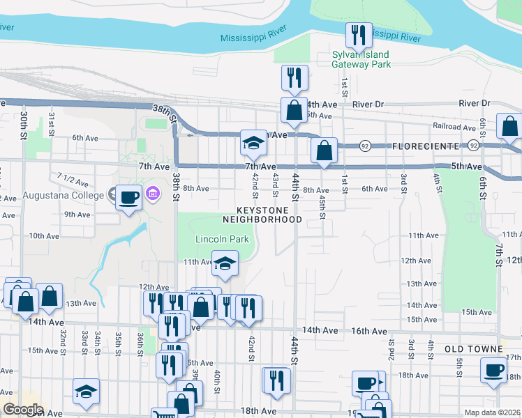 map of restaurants, bars, coffee shops, grocery stores, and more near 808 42nd Street in Rock Island