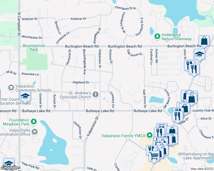 map of restaurants, bars, coffee shops, grocery stores, and more near 3821 Victoria Drive in Valparaiso