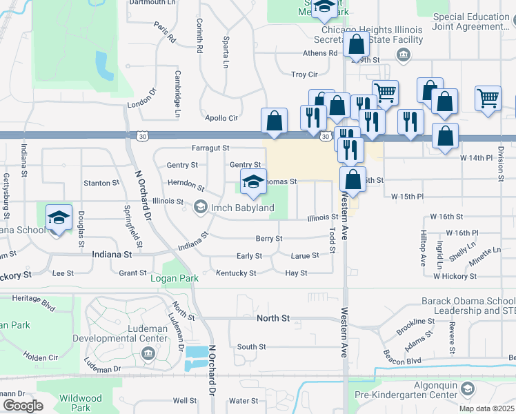 map of restaurants, bars, coffee shops, grocery stores, and more near 210 Illinois Street in Park Forest