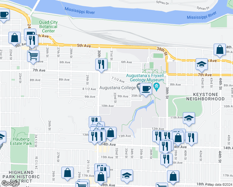 map of restaurants, bars, coffee shops, grocery stores, and more near 833 32nd Street in Rock Island