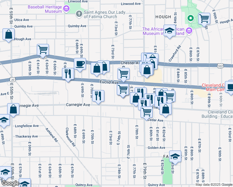 map of restaurants, bars, coffee shops, grocery stores, and more near 7350 Euclid Avenue in Cleveland
