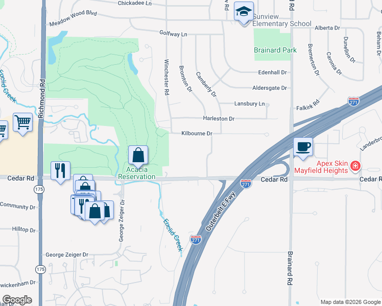 map of restaurants, bars, coffee shops, grocery stores, and more near 5406 Kilbourne Drive in Lyndhurst