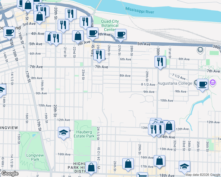 map of restaurants, bars, coffee shops, grocery stores, and more near 2532 8 1/2 Avenue in Rock Island