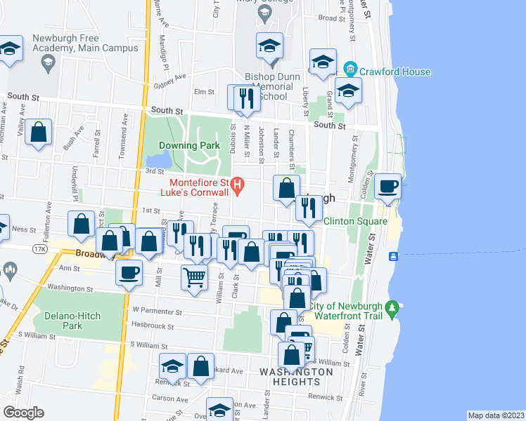 map of restaurants, bars, coffee shops, grocery stores, and more near 70 Johnston Street in Newburgh