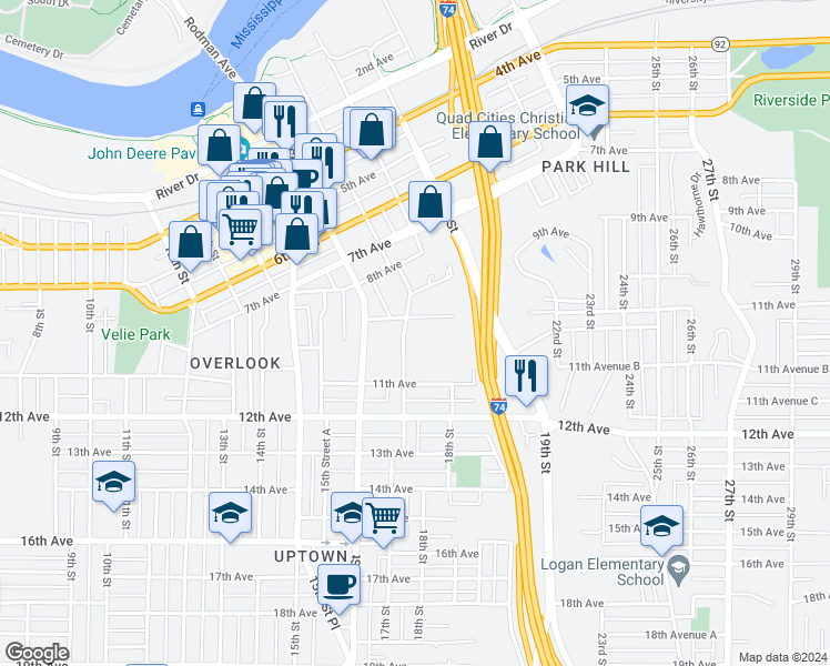 map of restaurants, bars, coffee shops, grocery stores, and more near 946 17th Street in Moline