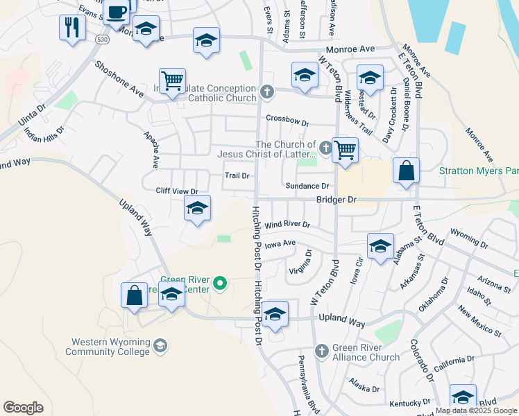 map of restaurants, bars, coffee shops, grocery stores, and more near 1410 Hitching Post Drive in Green River