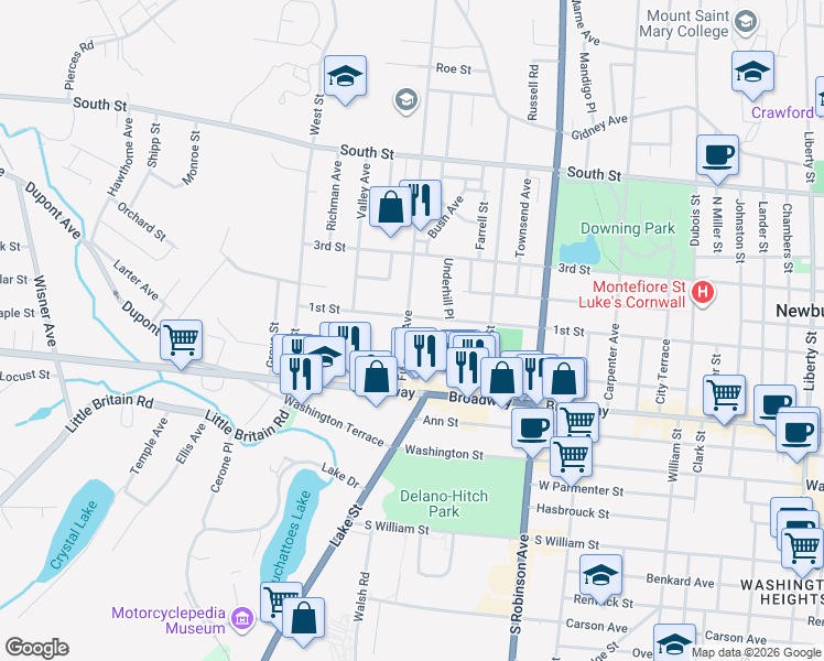 map of restaurants, bars, coffee shops, grocery stores, and more near 34 Fullerton Avenue in Newburgh