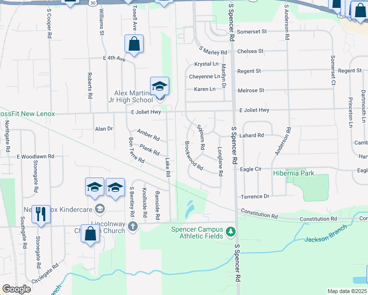map of restaurants, bars, coffee shops, grocery stores, and more near 753 Brockwood Road in New Lenox