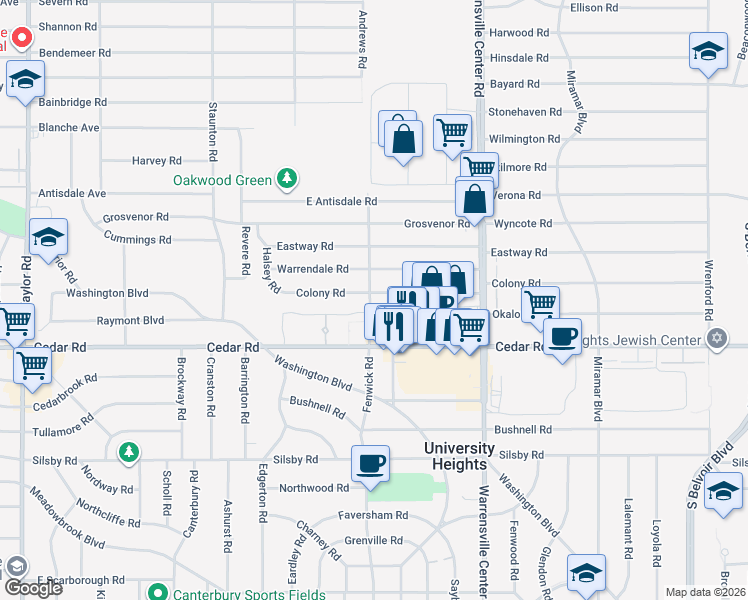 map of restaurants, bars, coffee shops, grocery stores, and more near 3846 Warrendale Road in South Euclid