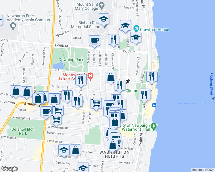 map of restaurants, bars, coffee shops, grocery stores, and more near 69 Lander Street in Newburgh