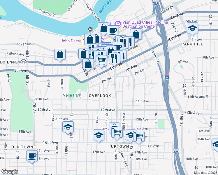 map of restaurants, bars, coffee shops, grocery stores, and more near 819 15th Street in Moline