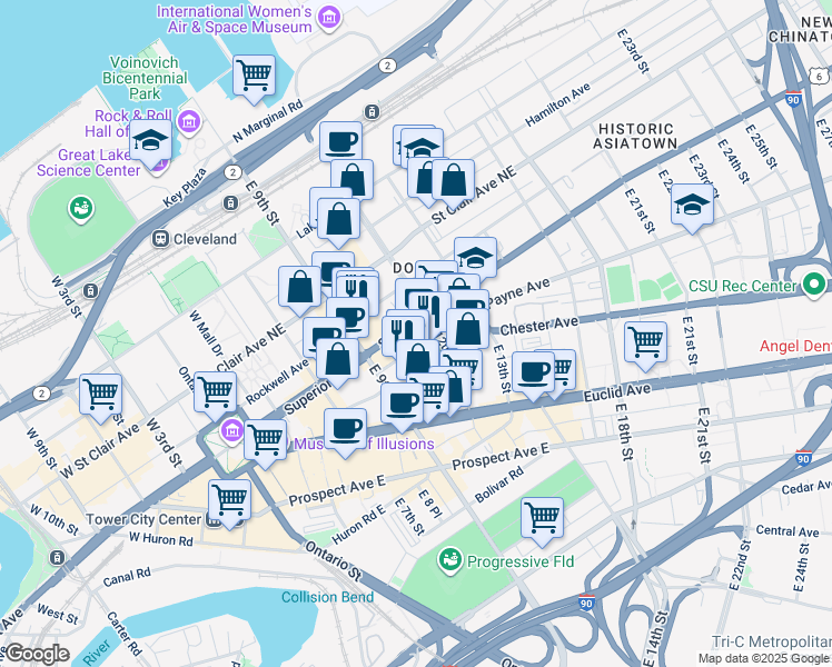 map of restaurants, bars, coffee shops, grocery stores, and more near 1100 Superior Avenue in Cleveland