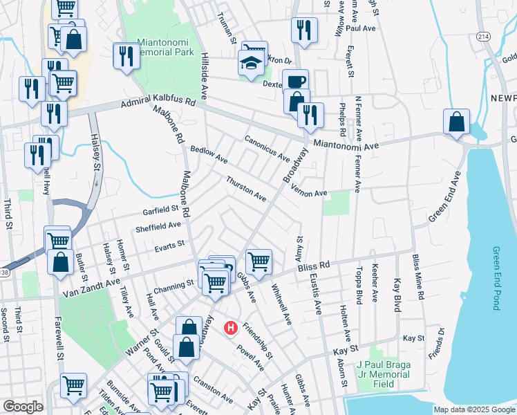 map of restaurants, bars, coffee shops, grocery stores, and more near 3 Thurston Avenue in Newport