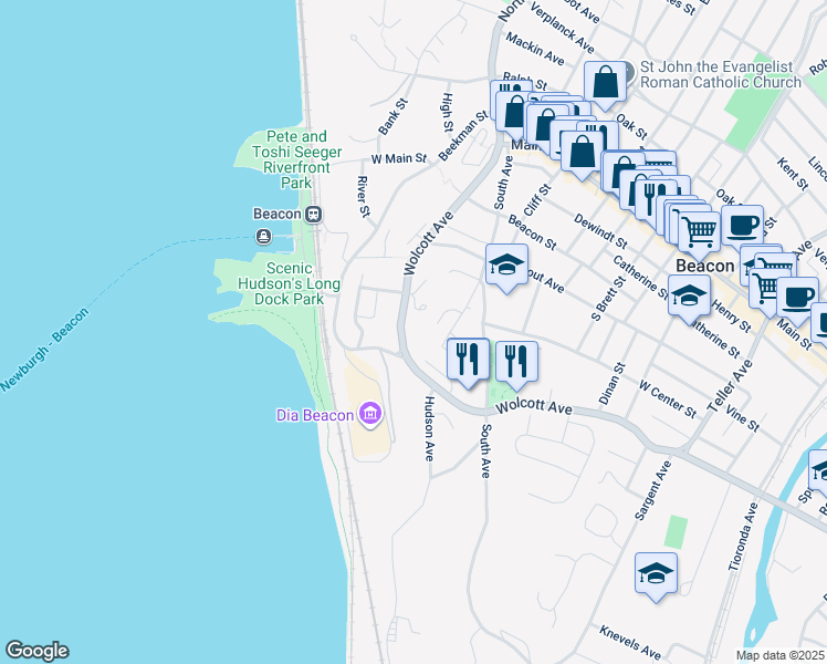 map of restaurants, bars, coffee shops, grocery stores, and more near 1073 Wolcott Avenue in Beacon