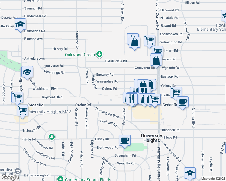 map of restaurants, bars, coffee shops, grocery stores, and more near 3808 Warrendale Road in South Euclid