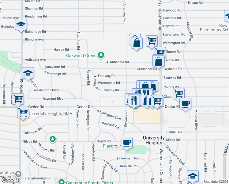 map of restaurants, bars, coffee shops, grocery stores, and more near 3808 Warrendale Road in South Euclid