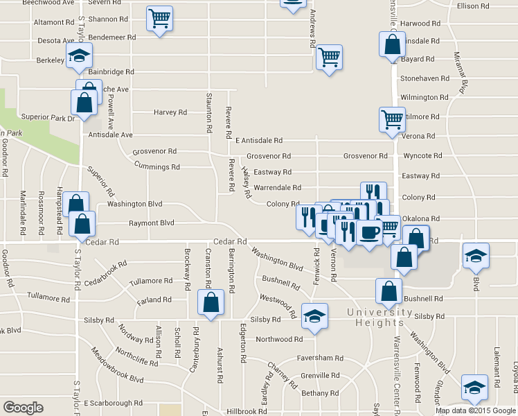 map of restaurants, bars, coffee shops, grocery stores, and more near 3770 Warrendale Road in South Euclid