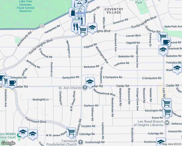 map of restaurants, bars, coffee shops, grocery stores, and more near 2828 Berkshire Road in Cleveland Heights
