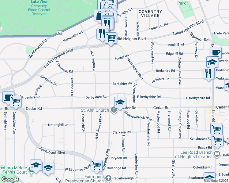 map of restaurants, bars, coffee shops, grocery stores, and more near 2828 Berkshire Road in Cleveland Heights