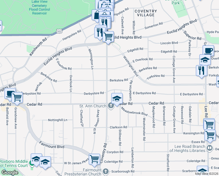 map of restaurants, bars, coffee shops, grocery stores, and more near 2828 Berkshire Road in Cleveland Heights