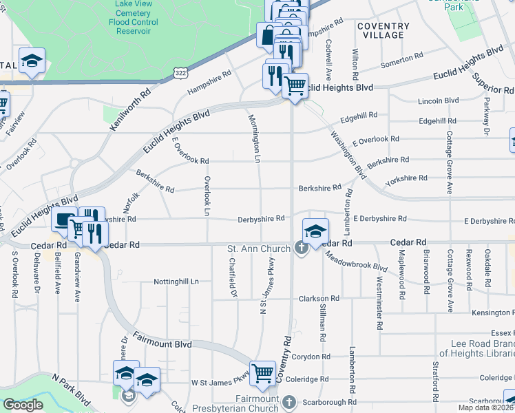 map of restaurants, bars, coffee shops, grocery stores, and more near 2736 Mornington Lane in Cleveland Heights