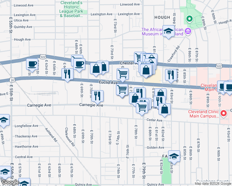 map of restaurants, bars, coffee shops, grocery stores, and more near 7338 Euclid Avenue in Cleveland