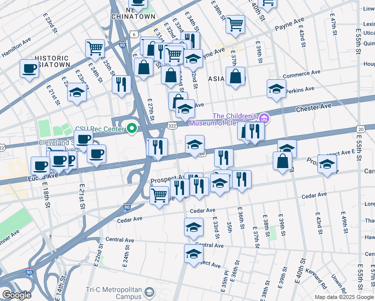 map of restaurants, bars, coffee shops, grocery stores, and more near 3131 Euclid Avenue in Cleveland