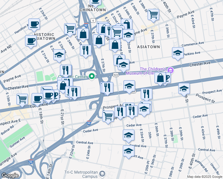 map of restaurants, bars, coffee shops, grocery stores, and more near 1900 East 30th Street in Cleveland