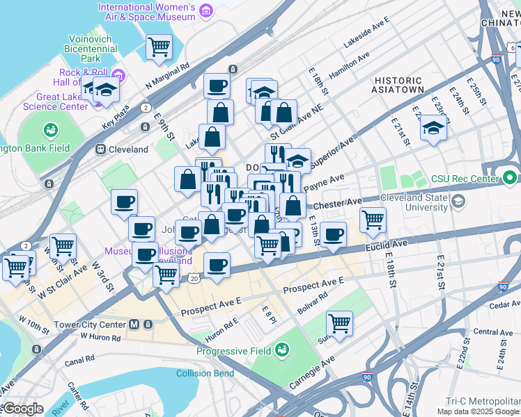 map of restaurants, bars, coffee shops, grocery stores, and more near 1111 Superior Avenue in Cleveland