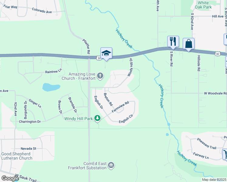 map of restaurants, bars, coffee shops, grocery stores, and more near 21336 Windy Hill Drive in Frankfort