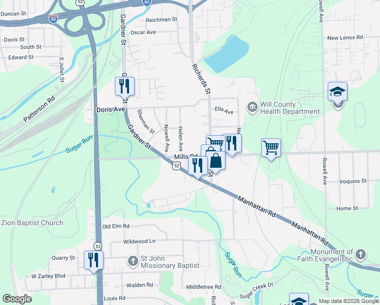 map of restaurants, bars, coffee shops, grocery stores, and more near 315 Mills Road in Joliet