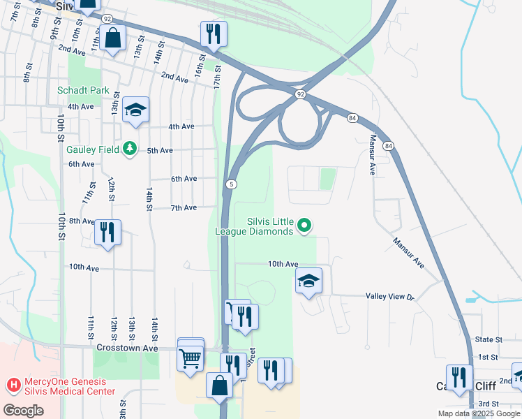 map of restaurants, bars, coffee shops, grocery stores, and more near 630 18th Street in Silvis