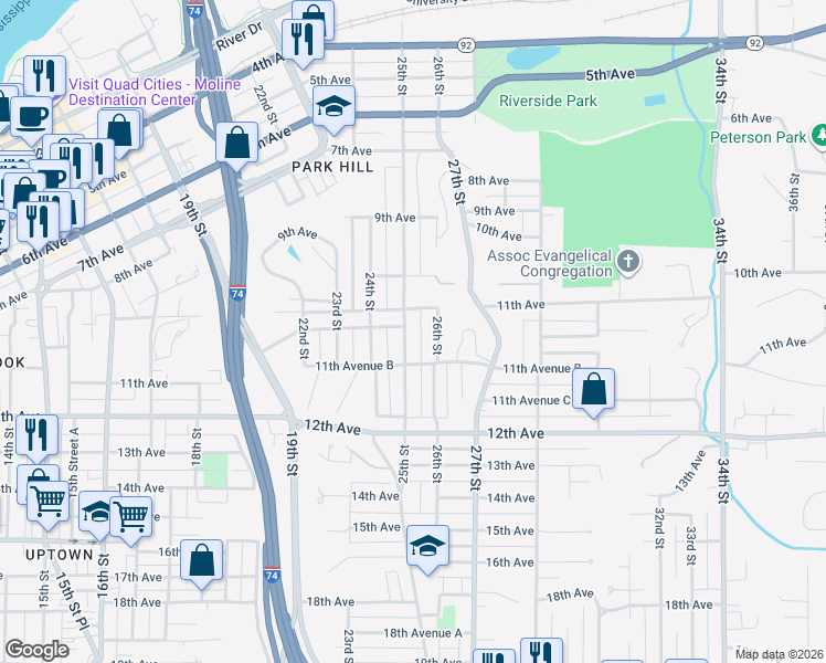map of restaurants, bars, coffee shops, grocery stores, and more near 2530 11th Avenue in Moline