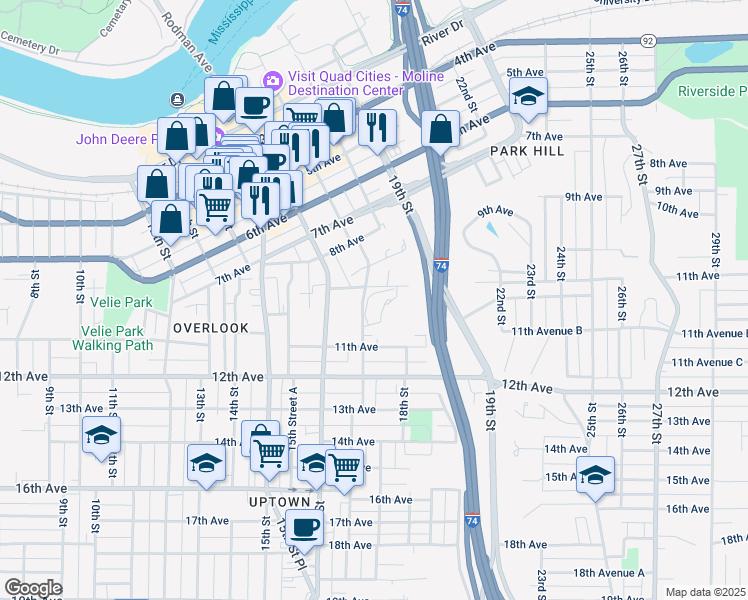 map of restaurants, bars, coffee shops, grocery stores, and more near 855 17th Street in Moline