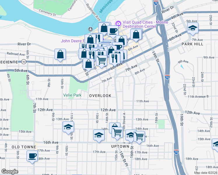 map of restaurants, bars, coffee shops, grocery stores, and more near 1322 7th Avenue in Moline