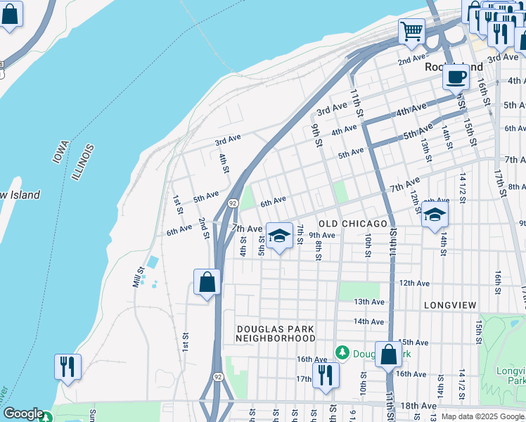 map of restaurants, bars, coffee shops, grocery stores, and more near 523 5th Street in Rock Island