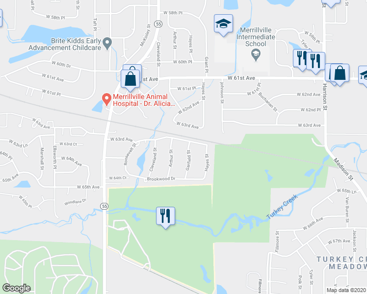 map of restaurants, bars, coffee shops, grocery stores, and more near 6318 Garfield Street in Merrillville