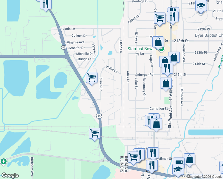 map of restaurants, bars, coffee shops, grocery stores, and more near 166 Bregenz Court in Chicago Heights