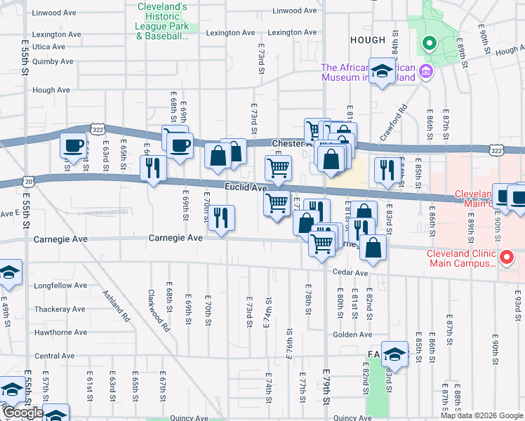 map of restaurants, bars, coffee shops, grocery stores, and more near 7338 Euclid Avenue in Cleveland