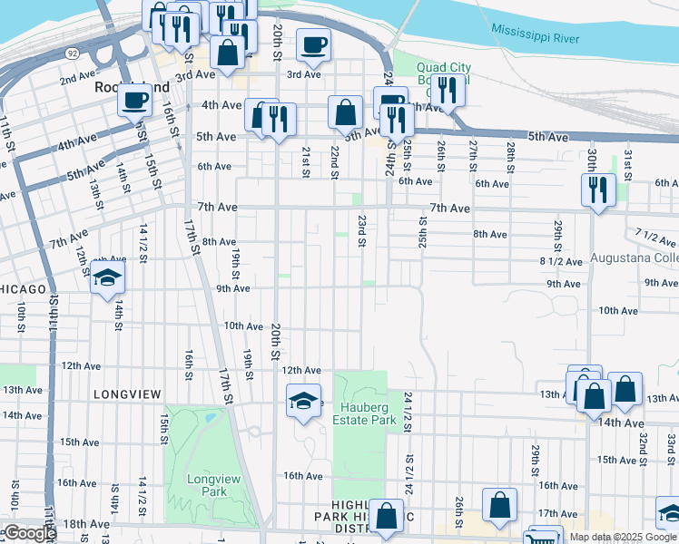 map of restaurants, bars, coffee shops, grocery stores, and more near 835 22nd Street in Rock Island