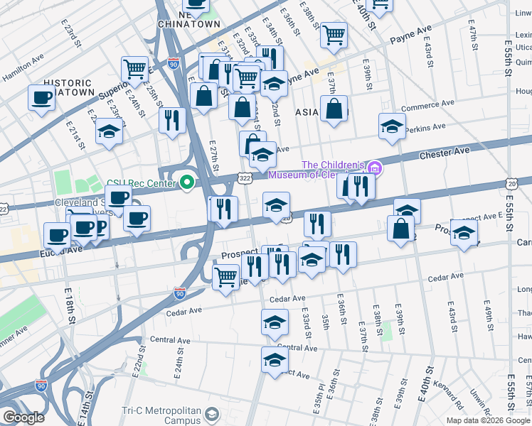 map of restaurants, bars, coffee shops, grocery stores, and more near 3131 Euclid Avenue in Cleveland